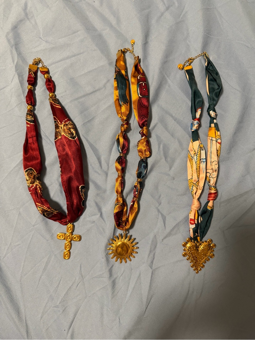 SHEIN Gold-Pendant Silk-Style Necklaces in Burgundy, Mustard & Green